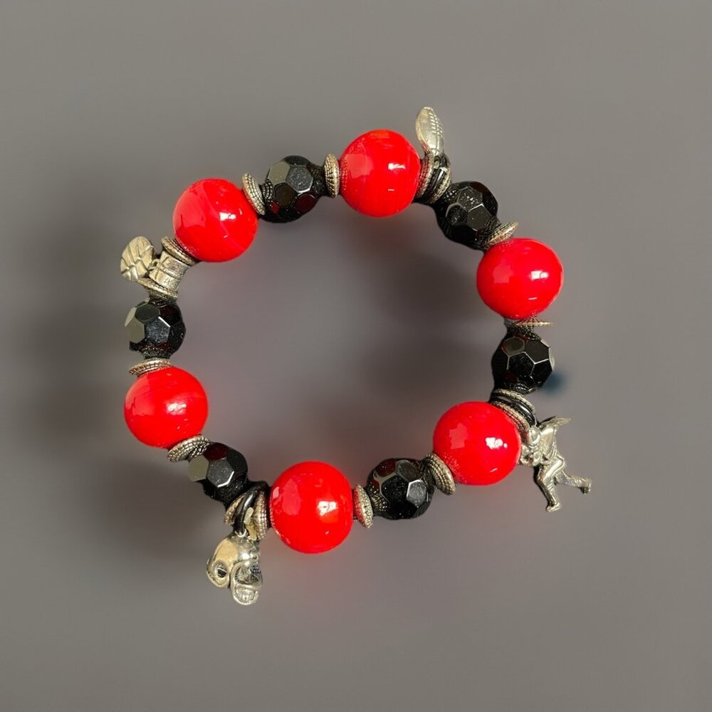 Red & Black Glass Beads Football Basketball Charms Stretch Bracelet Beaded